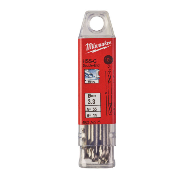 Свердло по металу HSS-G MILWAUKEE, DIN 1412 C, Ø3,3 х49х12мм. двостороннє, (10шт)