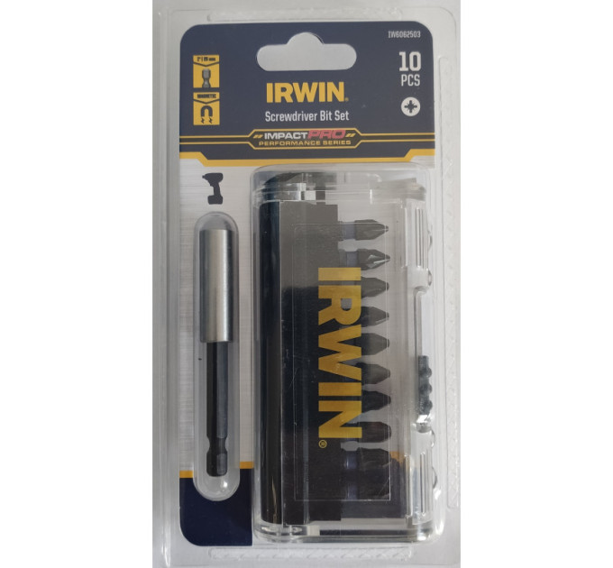 Биты IMPACT PRO 1/4"/25мм, комплект 10шт: PZ1х2 / PZ2х5 / PZ3х2 + держатель, IRWIN