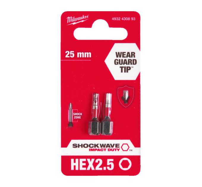 Біта SHOCKWAVE MILWAUKEE, Hex2,5, 25мм, (2шт)