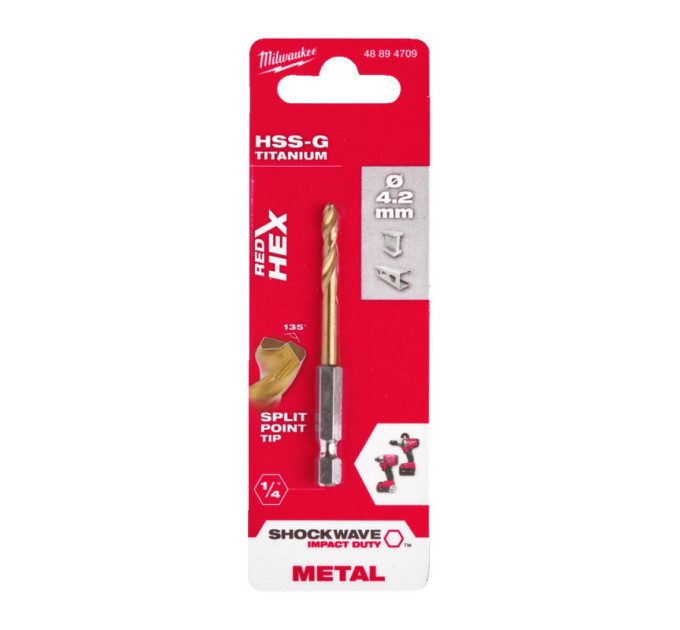 Свердло по металу RedHEX SHOCKWAVE™ HSS-TiN MILWAUKEE, Ø4,2х74х28мм