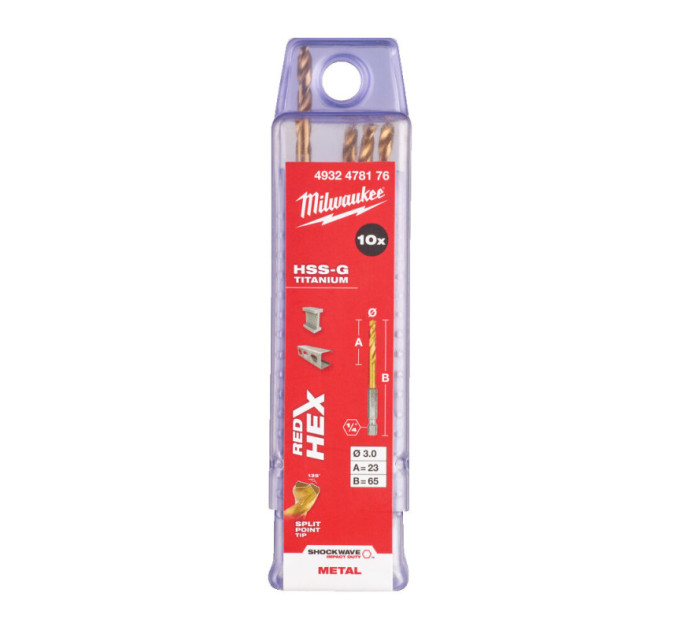 Свердло по металу RedHEX SHOCKWAVE™ HSS-TiN MILWAUKEE, Ø3,0х65х23мм, (10шт)