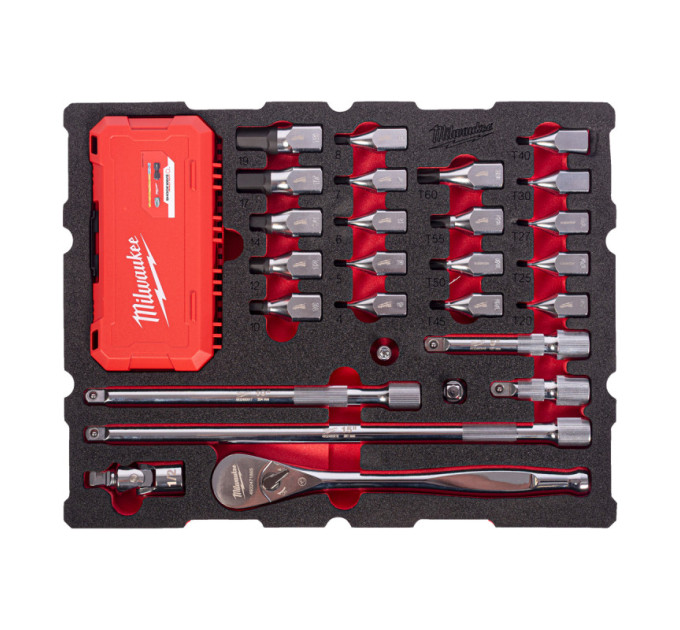 Ложемент для ящиков c полками PACKOUT MILWAUKEE с головками TORX и HEX и трещеткой 1/2'' (67шт)