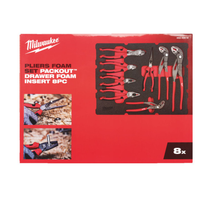 Ложемент для ящиків з полицями PACKOUT MILWAUKEE із шарнірно-губцевим інструментом (8шт)