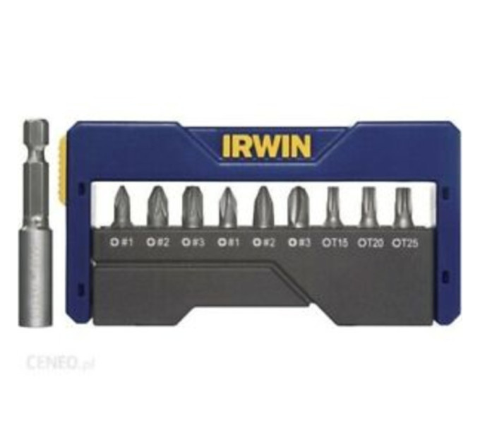 Набор бит в футляре 9+1 (PZ1/PZ2/PZ3/PH1/PH2/PH3/T15/T20/T25), IRWIN