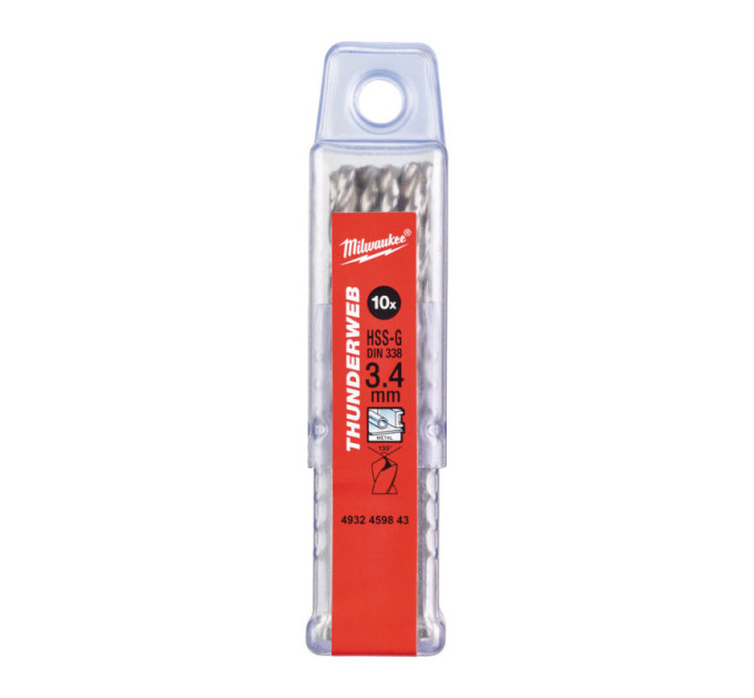 Свердло по металу THUNDERWEB HSS-G MILWAUKEE, DIN338, Ø3,4х70х39мм, (10шт)