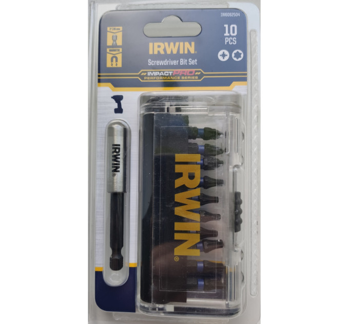 Биты IMPACT PRO 1/4"/25мм, комплект 10шт: PZ2x3 / T20x4 / T25х3 + держатель, IRWIN