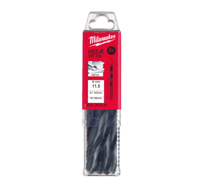 Свердло по металу HSS-R MILWAUKEE, DIN338, Ø11,5х142х94мм, (5шт)