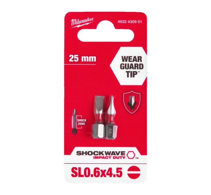 Бита SHOCKWAVE MILWAUKEE, SL0,6x4,5, 25мм, (2шт)
