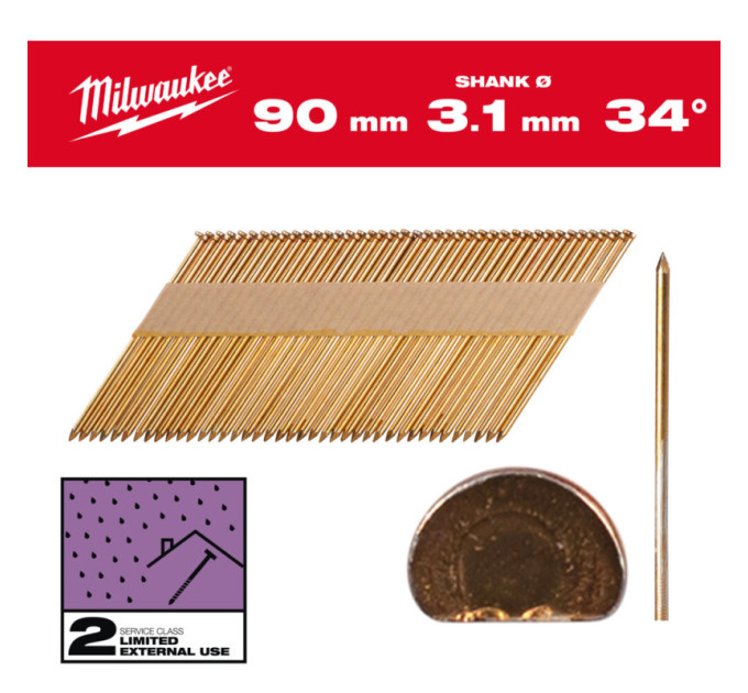 Гвозди оцинкованные с D-образной головкой MILWAUKEE, 3,1/34°/90мм (2200шт)