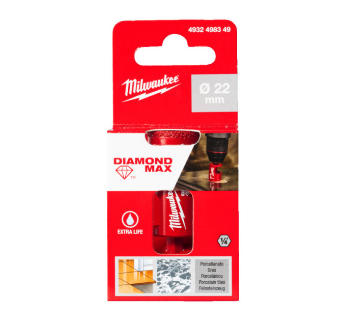 Коронка алмазная Diamond Plus/Max MILWAUKEE, Ø22,0мм (1/4'' Hex) (сверление с водой)