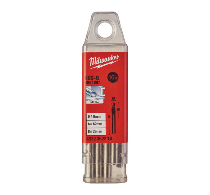 Свердло по металу HSS-G MILWAUKEE DIN1897, Ø4,8х62х26мм, коротке, (10шт)