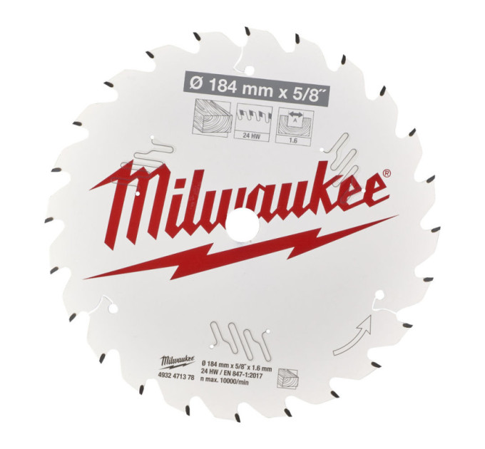 Диск пильний по дереву PFTE THIN KERF MILWAUKEE, Ø184х5/8''х1, 6мм, 24 зуб.