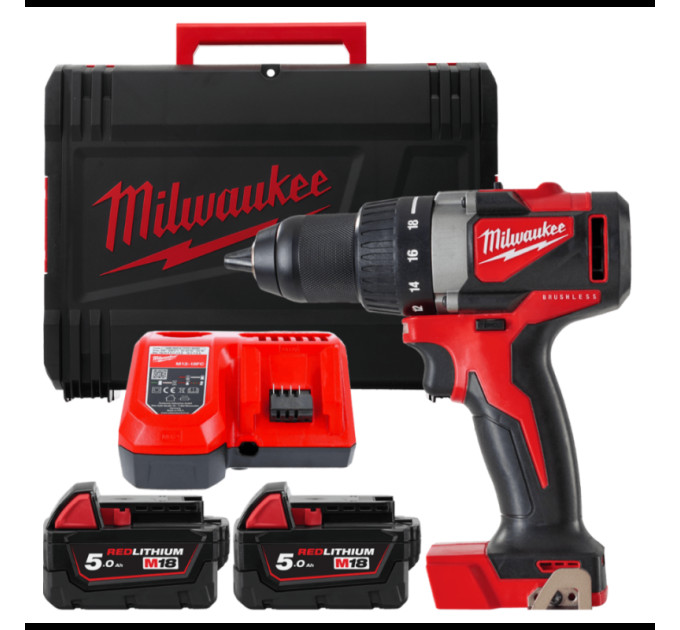 Дрель-шуруповёрт аккумуляторная бесщёточная MILWAUKEE M18 BLDD2-502X (82Нм) (ЗУ+2акк.Х5Ач+HDкейс)