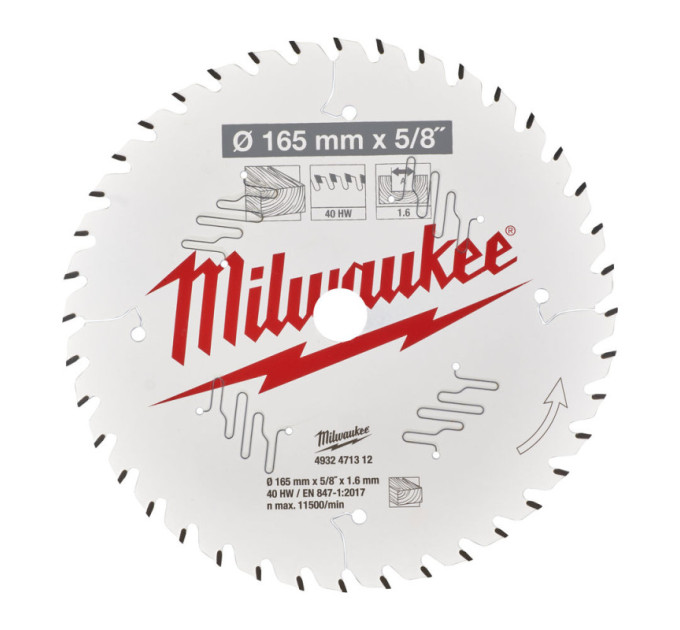 Диск пильний по дереву PFTE THIN KERF MILWAUKEE, Ø165х5/8''х1, 6мм, 40 зуб.