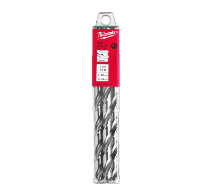 Сверло по металлу HSS-G MILWAUKEE, DIN340, Ø13,0х205х134мм, удлиненное, (5шт)