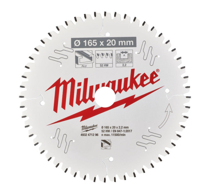 Диск пильный по алюминию PFTE MILWAUKEE, Ø165х20х2,2мм, 96 зуб.