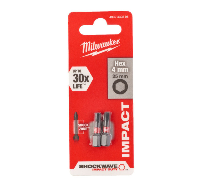 Бита SHOCKWAVE MILWAUKEE, Hex4,0, 25мм, (2шт)