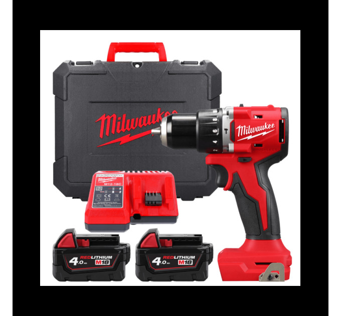 Дриль-шуруповерт акумуляторна безщіткова ударна MILWAUKEE M18 BLPDRC-402C (60Нм) (ЗУ+2Х4Ач+кейс)