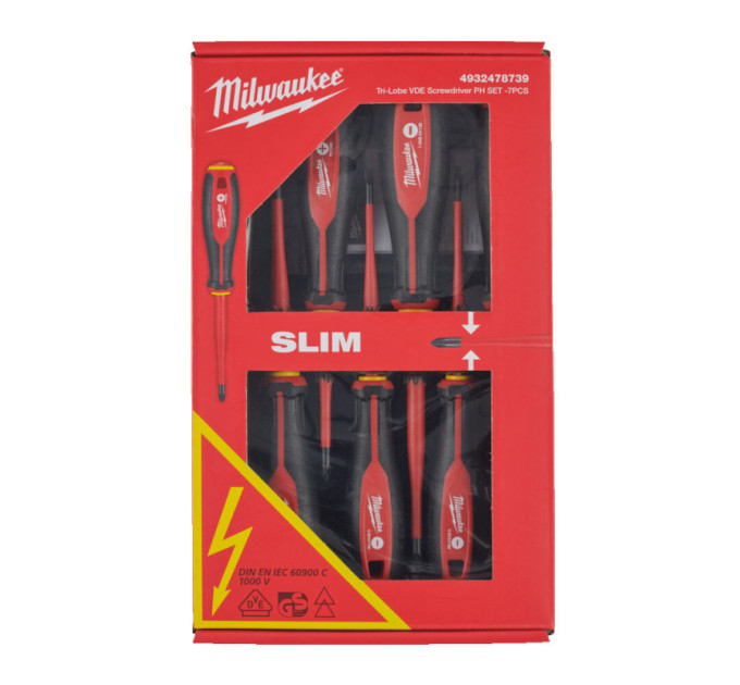 Набор отверток трехгранных изолированных VDE MILWAUKEE, (SL2,5/SL3/SL4/SL5.5/PH1/PH2/тестер), (7шт)