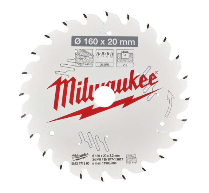 Диск пильний по дереву PFTE MILWAUKEE, Ø160х20х2, 2мм, 24 зуб.