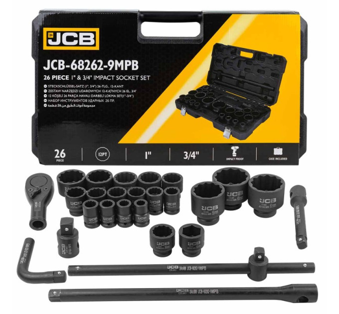 Набір інструментів ударних 26 пр. 3/4", 1" (12-гр.) JCB Tools JCB-68262-9MPB