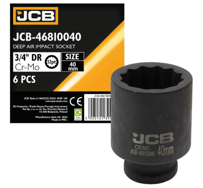 Гoлoвкa тopцeвa удapнa глибока 3/4" 40 мм (12-гранна) JCB Tools JCB-46810040