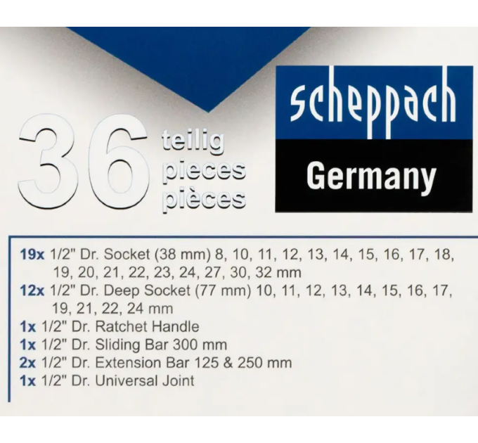 Набір інструменту комбінований 36 пр. 1/2" (6-гр.) (8-32 мм) Scheppach SCH-4362M