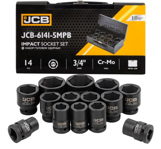 Набір головок ударних в металевому кейсі 14 од. 3/4'' (6-гр.) (17-50 мм) JCB Tools JCB-6141-5MPB