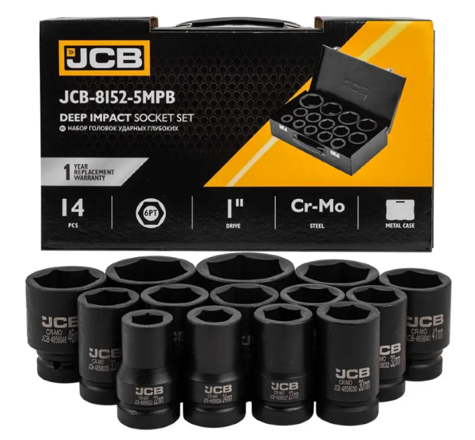 Набір головок ударних глибоких в металевому кейсі 14 од. 1" (6-гр.) JCB Tools JCB-8152-5MPB