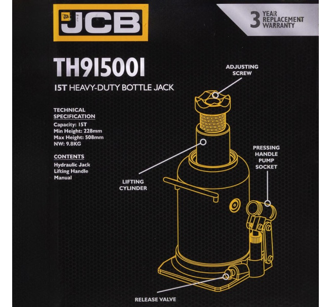 Домкрат пляшковий (228-508 мм) 15т JCB Tools JCB-TH915001