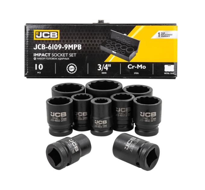 Набір головок ударних в металевому кейсі 10 од. 3/4'' (12-гр.) (17-46 мм) JCB Tools JCB-6109-9MPB