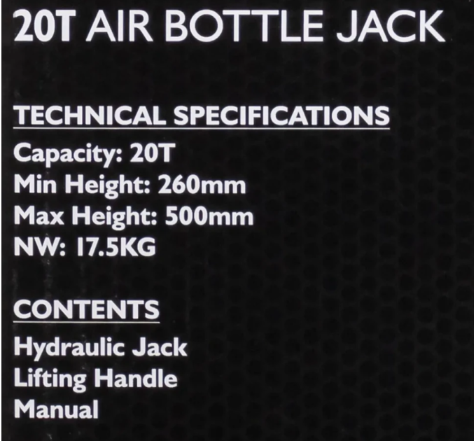Домкрат пневматично-гідравлічний пляшкового типу 20т JCB Tools JCB-TQ20007
