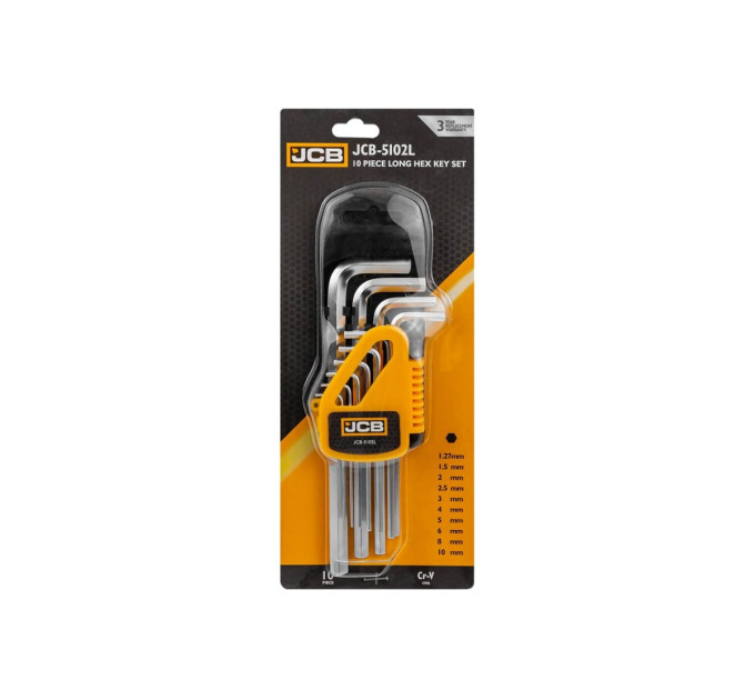 Набір Г-подібних подовжених ключів HEX 10 пр. (1,27 мм-10 мм) JCB Tools JCB-5102L
