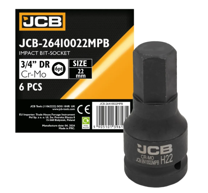 Головка-біта ударна HEX 3/4" 22 мм JCB Tools JCB-26410022MPB