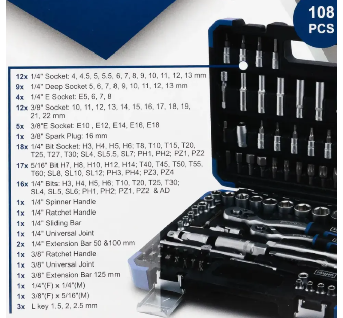 Набір інструментів 108 пр. 1/4", 3/8" (6-гр.) (4-22 мм) Scheppach SCH-41082-5DS