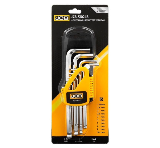 Набір Г-подіб. ключів довгих з кулею HEX 10 пр. (1,27 мм- 10 мм) JCB Tools JCB-5102LB