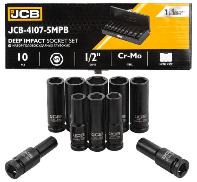 Набір головок глибоких ударних в металевому кейсі 10 од. 1/2" (6-гр.) JCB Tools JCB-4107-5MPB