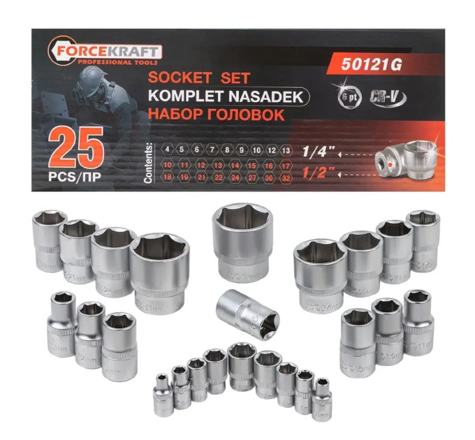 Набір головок в металевому кейсі 25 пр. 1/2'', 1/4'' (6-гр.) FORCEKRAFT FK-50121G