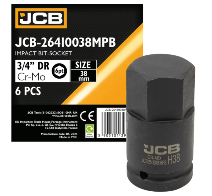 Головка-біта ударна HEX 3/4" 38 мм JCB Tools JCB-26410038MPB