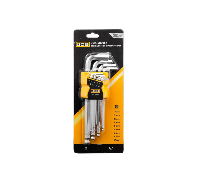 Набір Г-подіб. ключів довгих з кулею HEX 9 пр. (1,5 мм-10 мм) JCB Tools JCB-5093LB