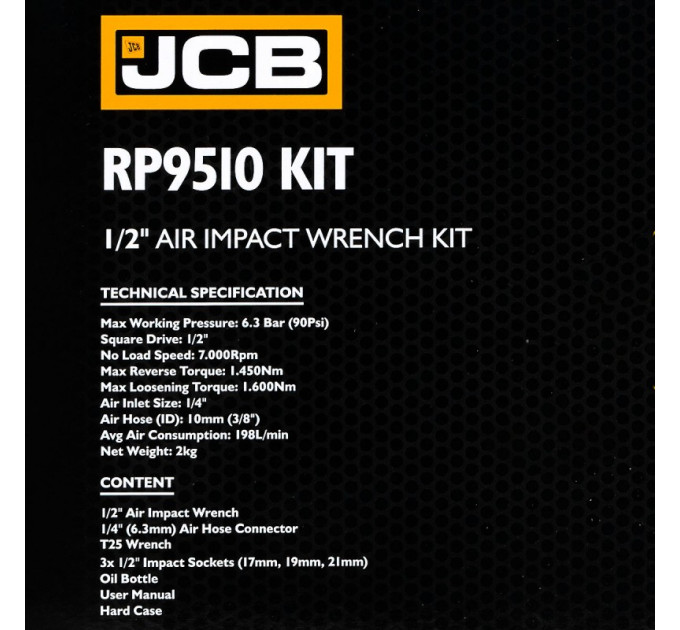 Гайковерт пневматичний 1/2" (з комплектом головок) 1450 Нм JCB Tools JCB-RP9510 KIT