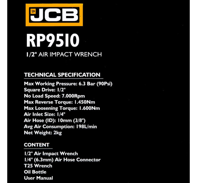 Гайковерт пневматичний 1/2" 1450 Нм JCB Tools JCB-RP9510