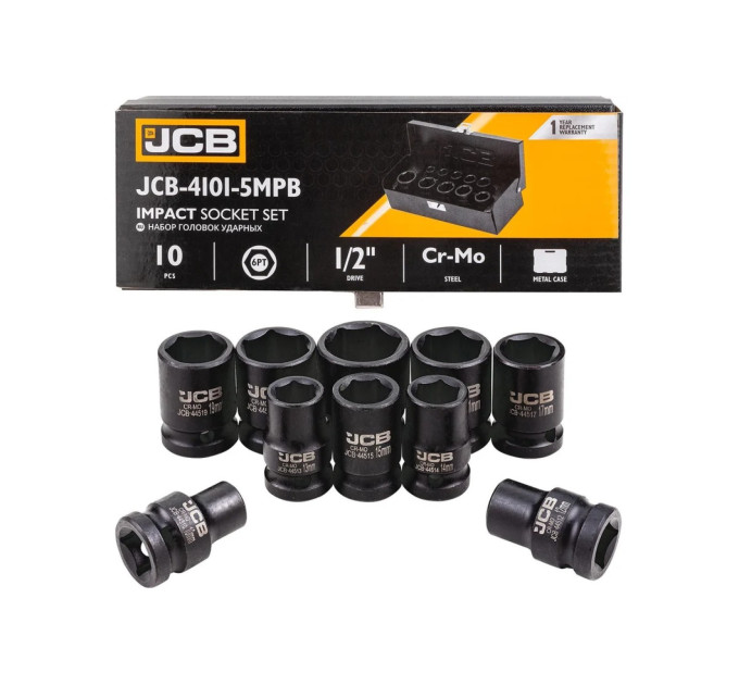 Набір головок ударних в металевому кейсі 10 од. 1/2" (6-гр.) JCB Tools JCB-4101-5MPB