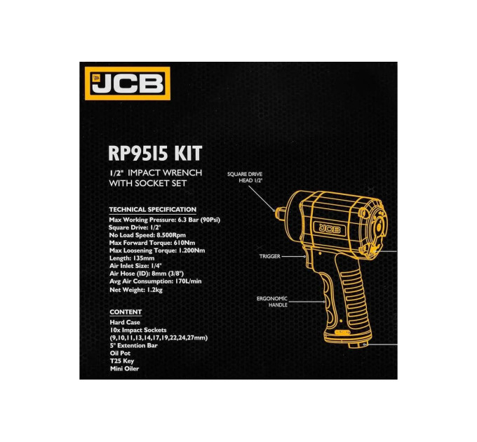 Гайковерт пневматичний ударинй 1/2" (з комплектом головок) JCB Tools JCB-RP9515 KIT