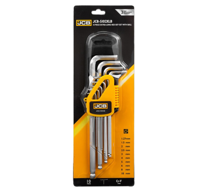 Набір Г-подібних екстрадовгих ключів HEX з кулею 10 пр. JCB Tools JCB-5102XLB