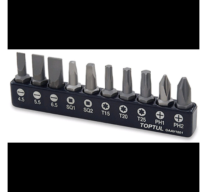 Набор бит для шуруповерта TOPTUL 1/4" 10ед. (PH,SL,Torx,SQ) GAAV1001