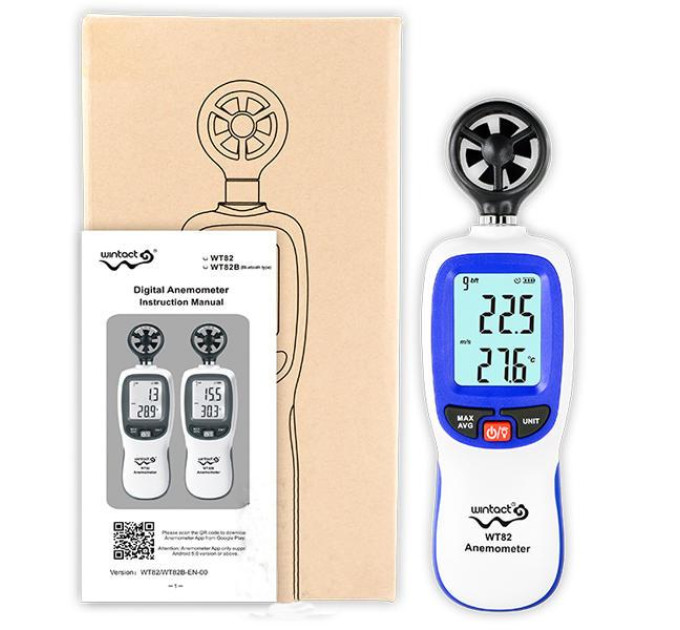 Цифровой крыльчатый анемометр 0,3-30м/с, -10-45°C WINTACT WT82