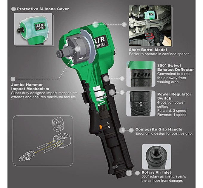 Гайковерт для шиномонтажа пневматический TOPTUL 1/2" 407N/m 6500об/мин KAAS1630