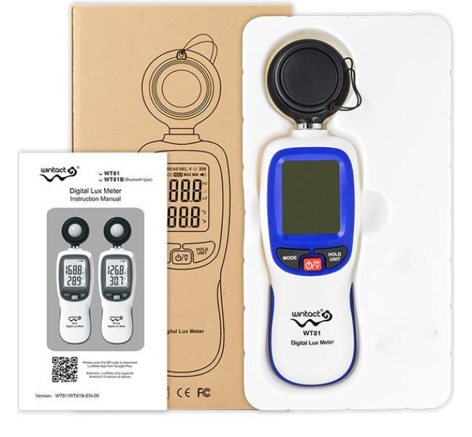 Цифровой люксметр (измеритель освещенности + термометр) Bluetooth 200000 Lux WINTACT WT81B