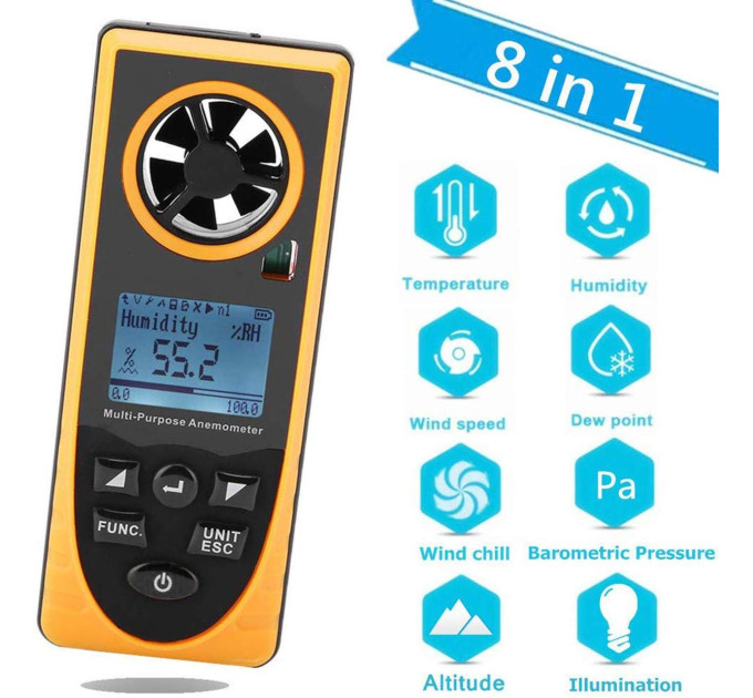Багатофункціональний анемометр-метеостанція 0,7-30м/с, -20-60°C BENETECH GM8910